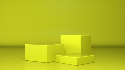 Three empty Yellow glossy stands and abstract geometry background. Podium, pedestal, platform for cosmetic product presentation, showcase. Minimalist mock up scene, concept template. 3d render