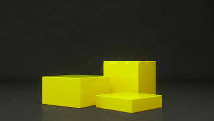 Three empty Yellow glossy stands and abstract black geometry background. Podium, pedestal, platform for cosmetic product presentation, showcase. Minimalist mock up scene, concept template. 3d render