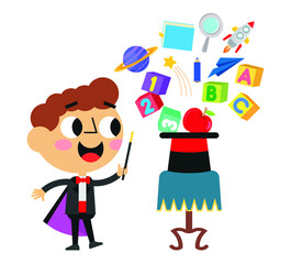 Adorable magician boy pulls school objects out of hat