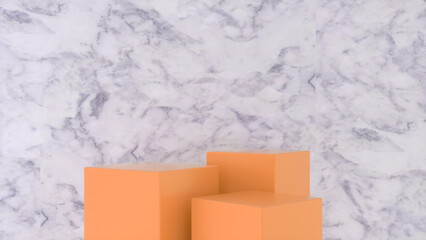 Three empty Orange stands and abstract Marble geometry background. Podium, pedestal, platform for cosmetic product presentation, showcase. Minimalist mock up scene, concept template. 3d render
