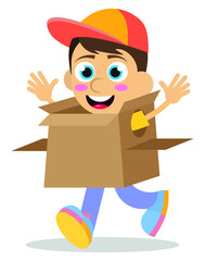Cute boy playing with cardboard box