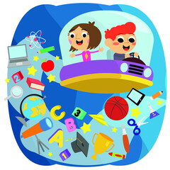 Cute kids and school objects on a spaceship