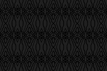 Embossed black background, trendy vintage cover design. Geometric exotic 3D pattern, hand drawn style. Ethnic creativity of the peoples of the East, Asia, India, Mexico, Aztecs, Peru.