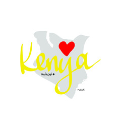 Kenya map in grey color with red heart and hand drawn yellow text Kenya. Flat vector coloured illustration on white background 