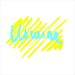 Hand painted brush in colors of Ukrainian flag with stylish on white background with hand drawn text Ukraine on it. Flat colorful isolated vector illustration 