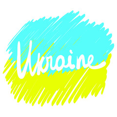 Hand painted brush flag of Ukraine country with stylish flag on white background with hand drawn text Ukraine on it. Flat colorful isolated vector illustration 
