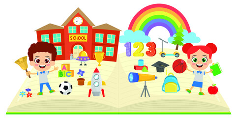 Cute kids and school objects standing on the book