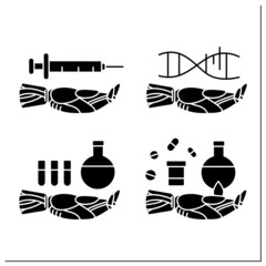 AI diagnostic glyph icons set. Modern technologies in medical sphere. Genetic engineering, chemistry, pharmacy. Digital technologies concept.Filled flat sign. Isolated silhouette vector illustration