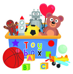 Various children's toys  inside and outside  the toy box
