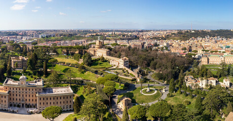 Panoramic aerial view of Vatican Gardens and Governor's Palace (Palazzo del Governatorato) from St....