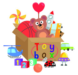 Various children's toys  inside and outside  the toy box