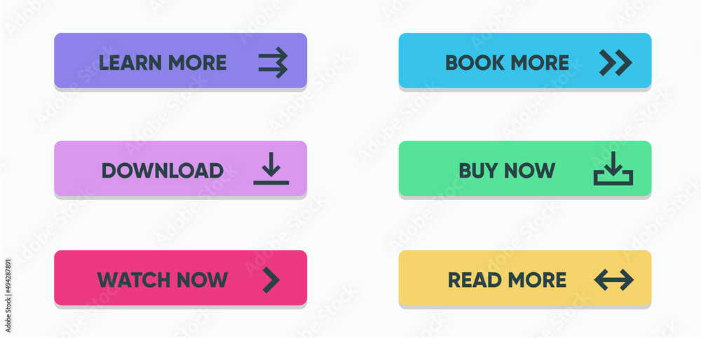 Poster set of vector modern material style buttons. different gradient colors and icons on white forms with
