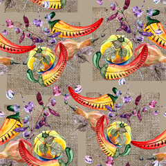 Seamless pattern with vegetables and flowers on canvas background.