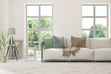Minimalist living room in white color with sofa and summer landscape in window. Scandinavian interior design. 3D illustration