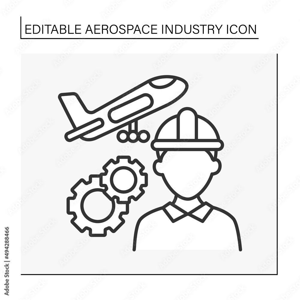 Poster engineer line icon. man projecting and designing airplane.aerospace industry concept. isolated vecto
