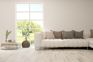 White living room with sofa and summer landscape in window. Scandinavian interior design. 3D illustration