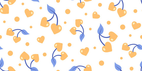 Food romantic seamless pattern with orange Cherry Hearts on twigs with blue leaves. Cute vector cartoon background.