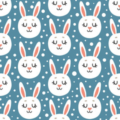 Children's Print with the Faces of White Rabbits on a blue background with Snowflakes. Cute Vector seamless pattern with Bunny, Hare and Snow.