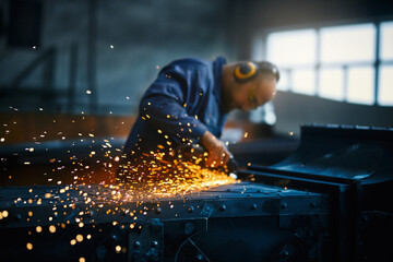 Industrial worker cutting and welding metal with special equipment at workshop. Metal processing...