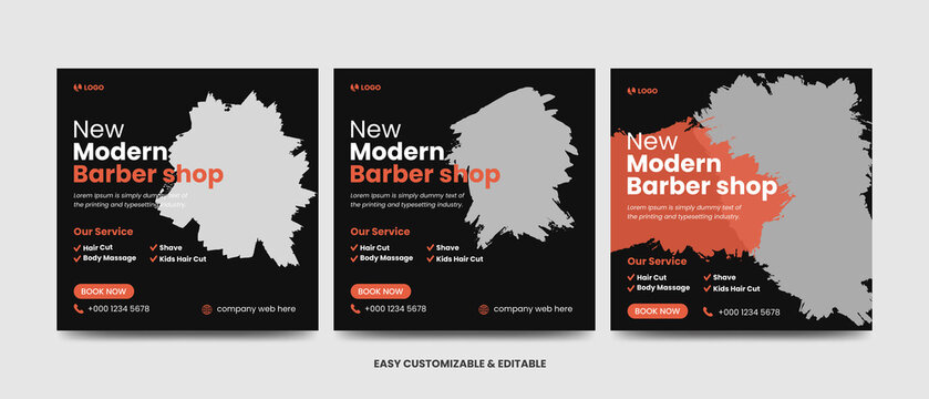 Modern Barbershop Social Media Post Set. Editable Salon Web Banner Template