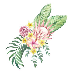 Watercolor tropical bouquet with flowers and leaves on a white background for decoration.