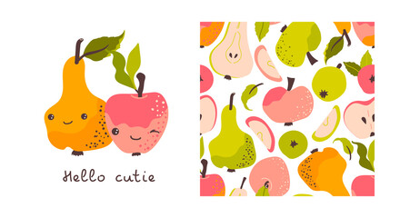 Apples and pear seamless pattern. Card with text Hello cutie. Vector background with sliced ​​pieces and  ripe fruits. Baby print. Perfect for printing on the fabric, design package and cover