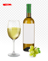 Wine bottle with glass ang grape isolated. Mockup for your design.