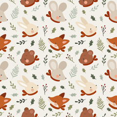 Animal Seamless Pattern, Fox and Rabbit bunny background vector, Rat and Teddy Bear nursery wallpaper - 494289810