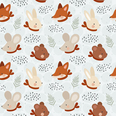 Animal Seamless Pattern, Fox and Rabbit bunny background vector, Rat and Teddy Bear nursery wallpaper