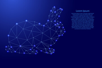 Rabbit, symbol of horoscope according to Eastern calendar, from futuristic polygonal blue lines and glowing stars for banner, poster, greeting card. Vector illustration.