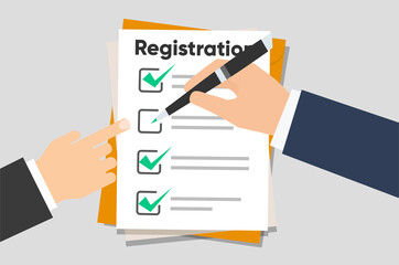 Man hold Registration clipboard with checklist. Man hold in hand clipboard agreement. Flat design, vector illustration