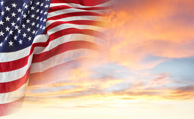 American flag in sunny sky. Wide web header banner