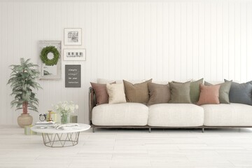 Modern living room in white color with sofa. Scandinavian interior design. 3D illustration