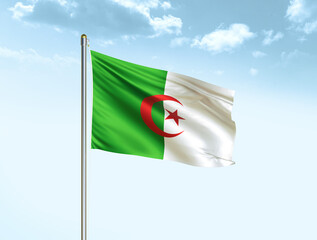 Algeria national flag waving in blue sky with clouds. Algeria flag. 3D illustration