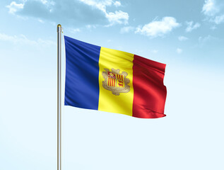 Andorra national flag waving in blue sky with clouds. Andorra flag. 3D illustration