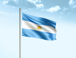 Argentina national flag waving in blue sky with clouds. Argentina flag. 3D illustration