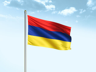 Fototapeta na wymiar Armenia national flag waving in blue sky with clouds. Armenia flag. 3D illustration