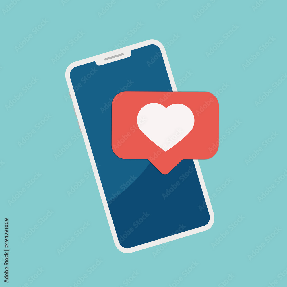 Poster smartphone with heart emoji speech bubble get message on screen. social network and mobile device co