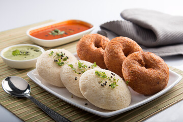 Idli Wada chutney sambhar. South Indian food menu. Dosa uttapam India authentic dish.