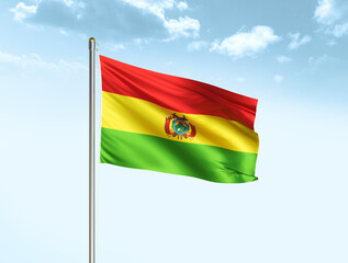 Bolivia national flag waving in blue sky with clouds. Bolivia flag. 3D illustration