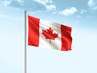 Canada national flag waving in blue sky with clouds. Canada flag. 3D illustration