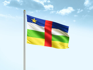 CAR national flag waving in blue sky with clouds. Central African Republic flag. 3D illustration