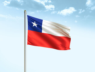 Chile national flag waving in blue sky with clouds. Chile flag. 3D illustration