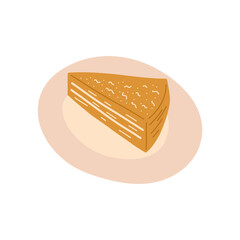 Slice of cake on a plate. Colorful vector isolated illustration hand drawn. Delicious and beautiful dessert, snack