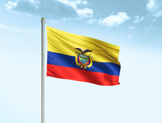 Ecuador national flag waving in blue sky with clouds. Ecuador flag. 3D illustration