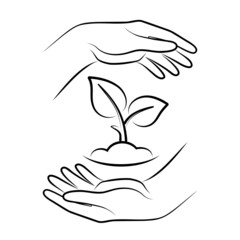 Hands holding soil with plant. Vector sign of environment protection, ecology concept symbol