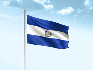 El Salvador national flag waving in blue sky with clouds. El Salvador flag. 3D illustration