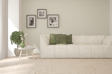 Obraz premium White living room with sofa. Scandinavian interior design. 3D illustration