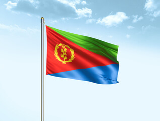 Eritrea national flag waving in blue sky with clouds. Eritrea flag. 3D illustration