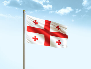 Georgia national flag waving in blue sky with clouds. Georgia flag. 3D illustration